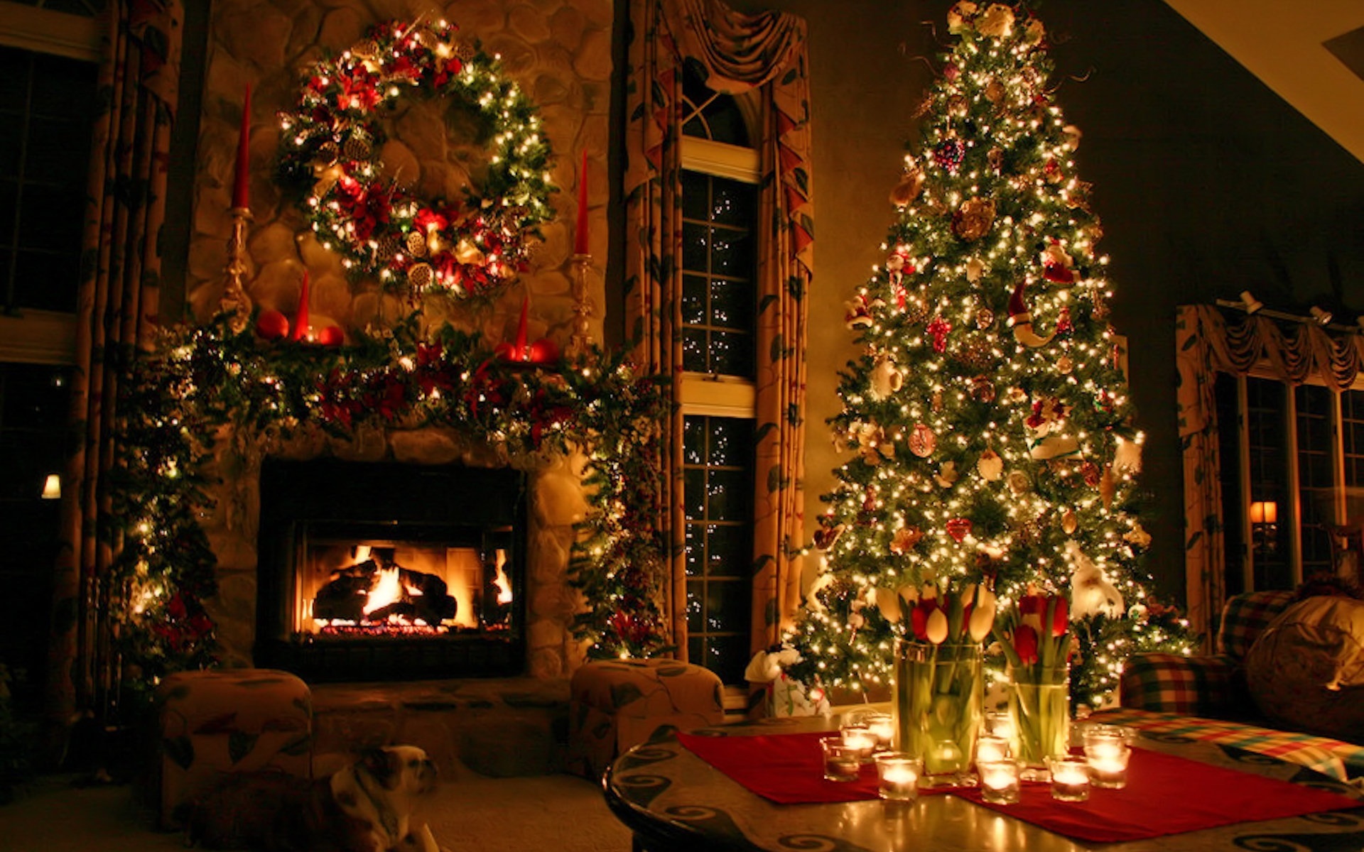 Christmas Tree with Dog and Fireplace