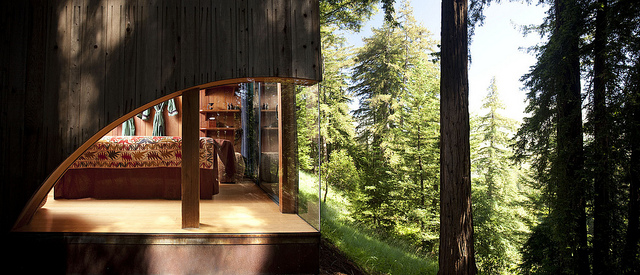 Hotel Post Ranch bedroom with wood view