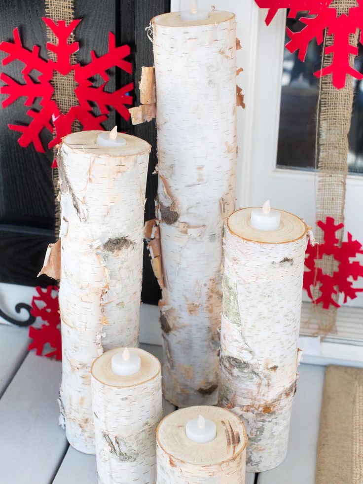 Wooden Christmas Candles with red snowflakes