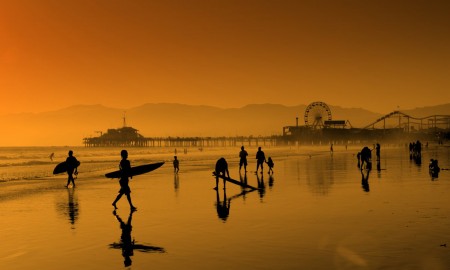 Santa Monica sunset serfers