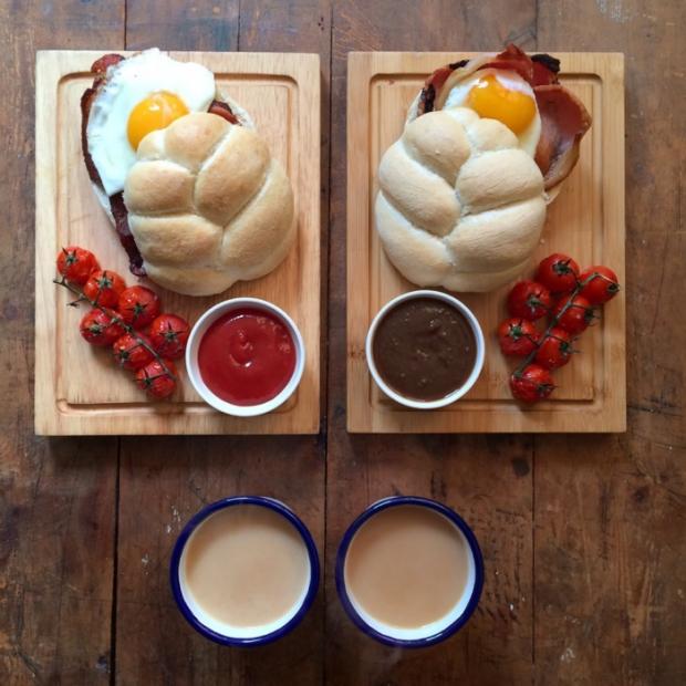 Breakfast coffee bread eggs cherry tomatoes and hum