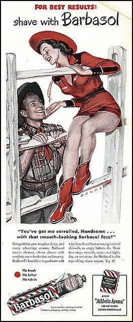 Barbasol vintage ad cowboy and woman flirting