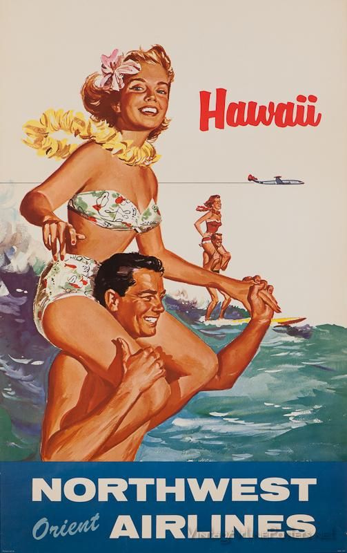 Hawaii happy couple retro postcard