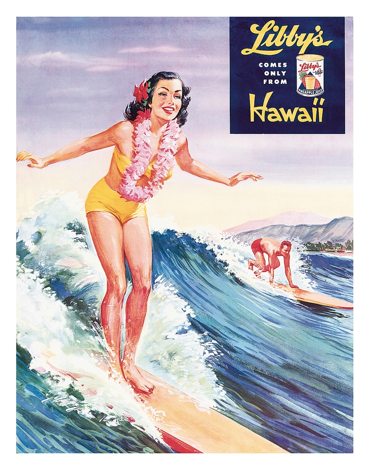 Hawaii surfing woman retro postcard