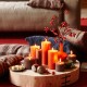 living-room-relax-area-candles-ilex-cross-section-of-tree-trunk-solid-wood-rustic-decoration-pillow-red-yellow-orange-interior-design-ideas