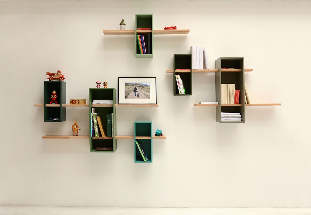 creative-books-storage-idea-wall-shelf-wood-green-interesting-bookcase-design