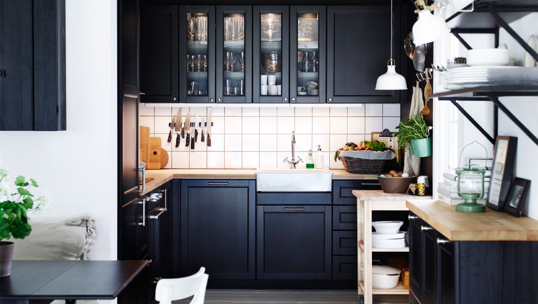 ikea-kitchen-system-in-black-kitchen-shelves-with-glass-doors