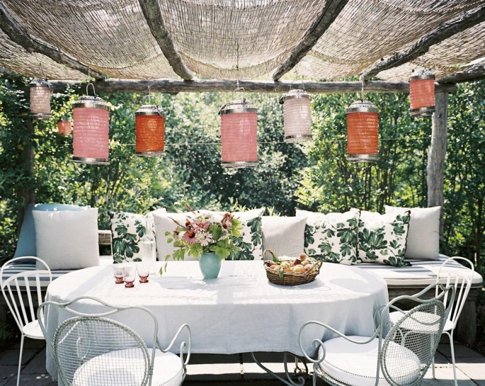 Pergola in the garden decorating with paper lanterns