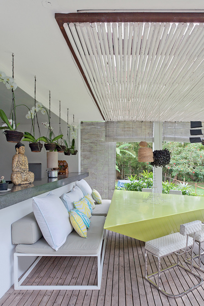 Modern designer table hanging flowerpots veranda patio design