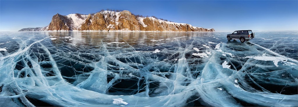 frozen lake baikal russia baikal in winter time car on ice