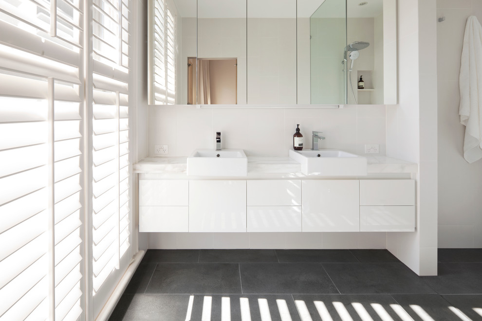 Basin washbasin Mirror Shelves blinds tiles-bathroom design White