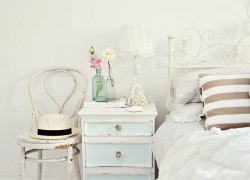 Bed headboard decorated metal chest of drawers chair wood flowers carpet white -Shabby chic furnishings