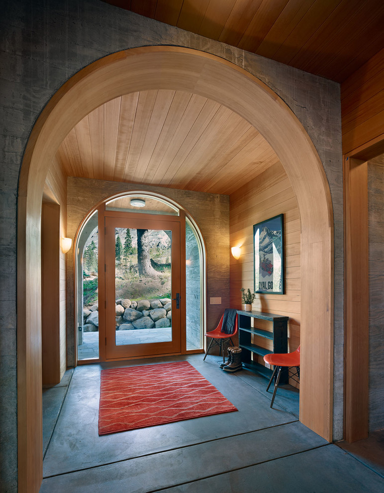 Front door made of glass hut wood arch-hallway Furnishing