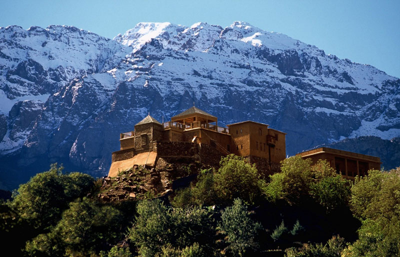 Kasbah-du-Toubkal,-Morocco-beautiful-mountain-castle-view