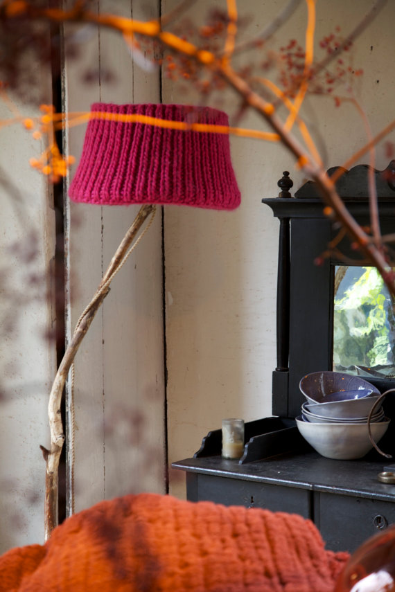 Vintage orange red natural knitted lamp shade