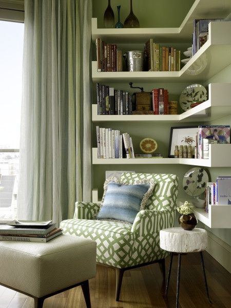 reading nook corner in green white table and cozy home