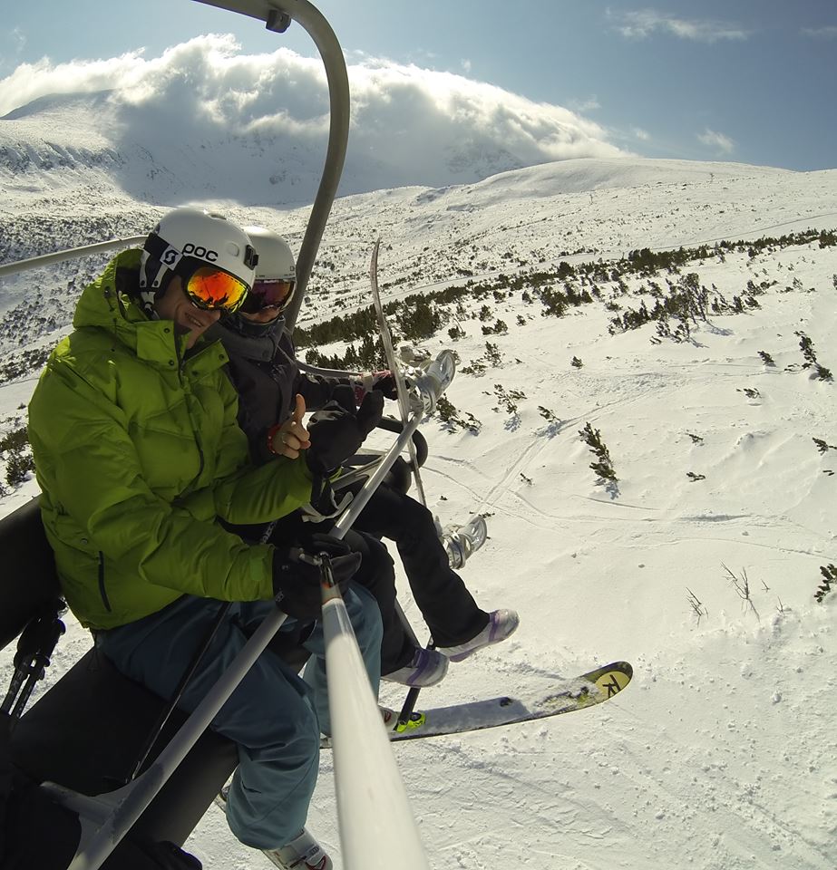 Couple Selfie On Ski Lift Skiing Snow Mountains Green Jacket Go Pro Smiles