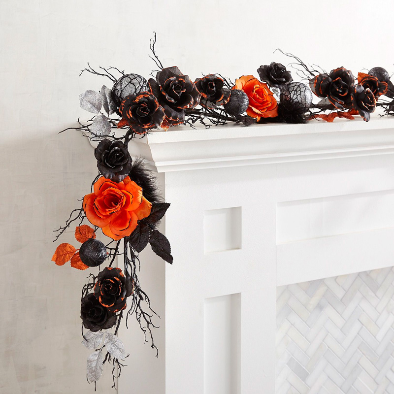 Fireplace-Halloween-Black-Rose-Garland-Halloween-lights-outside-halloween-decorations-diy-halloween-decorations-best-halloween-decorations--halloween-yard-decorations-vintage-halloween-decorations