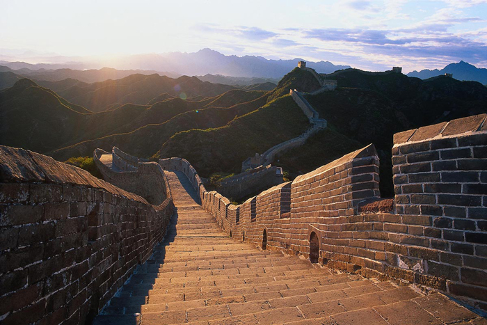 The-Great-Wall-of-China-Beautiful-sunshine Stairs Mountains Green 