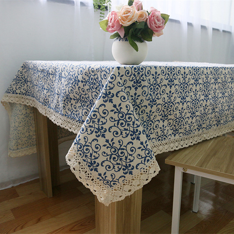 White and blue tablecloth retro ornaments vas on table fall decorations