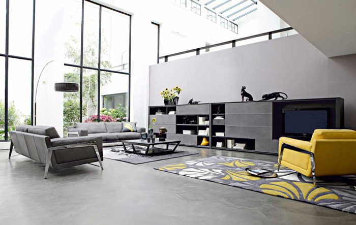 Modern-Interior-In-Grey-and-Yellow-Grey-Interior-Livingroom-Floral-Carpet-colors-color-palette-colour-schemes-complementary-colors-colour-combination-basic-color-wheel