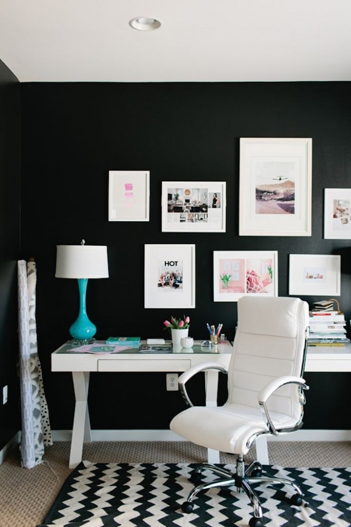 Black-and-White-Feminine-Office-Design-Black-Wall-on-Workplace-home-office-feminine-home-office-home-office-ideas-home-office-desk-home-office-design