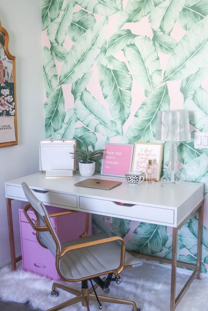 Feminine-Home-Office-Palm-Painted-Wall-Bright-Colors-Office-Feminine-Colors-home-office-feminine-home-office-home-office-ideas-home-office-desk-home-office-design