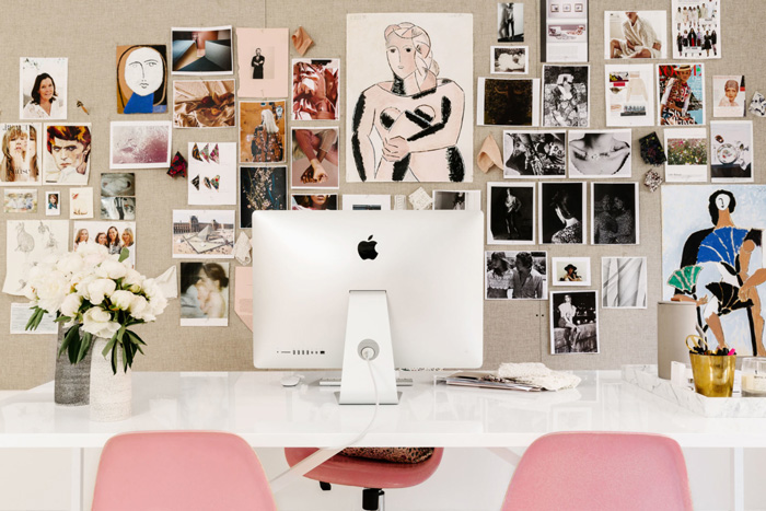 Modern-Feminine-Office-White-Desk-Pink-Chairs-Colorful-Wall-home-office-feminine-home-office-home-office-ideas-home-office-desk-home-office-design