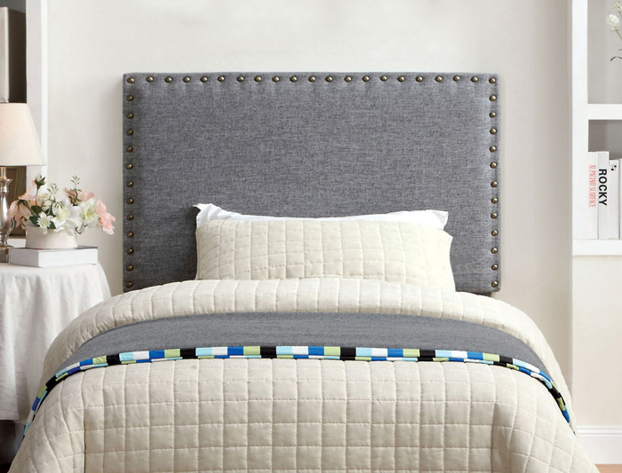 Modern-Grey-Fabric-Headboard-White-Blanket-Bed-Blanket-Flowers-In-Bedroom