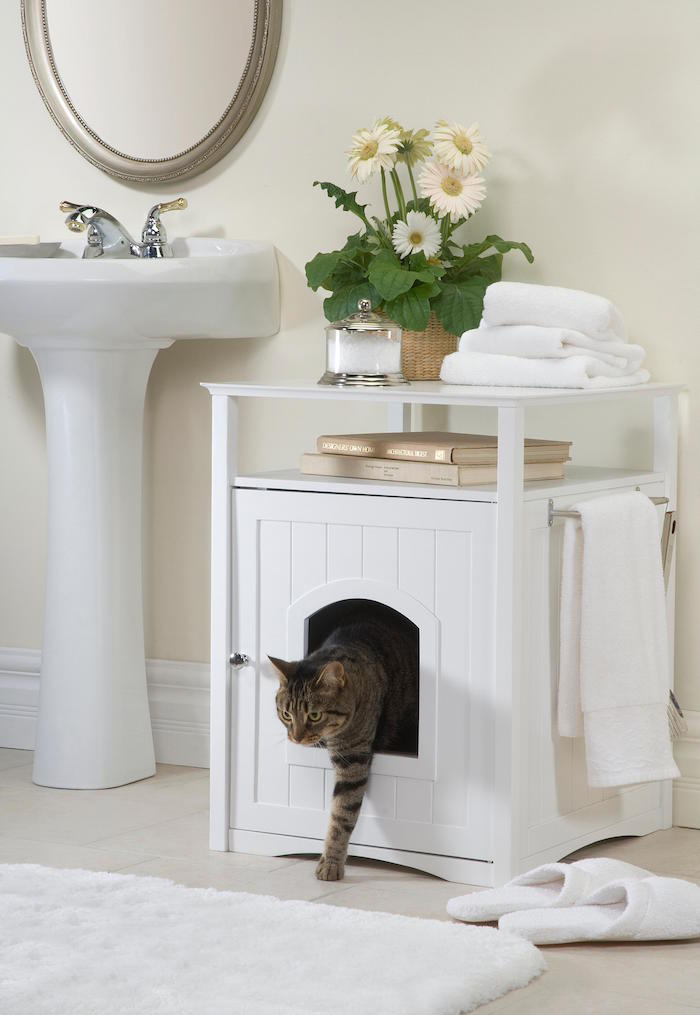 White-Cat-Wooden-Indoor-House-In-The-Bathroom-Cozy-Bathroom