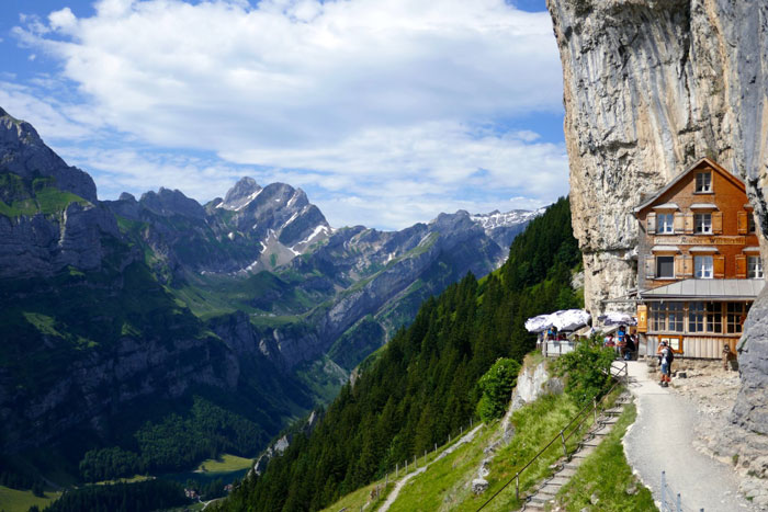 Engadine-Valley Switzerland-View-from-top-of-the-mountain-wooden-house-in-rock