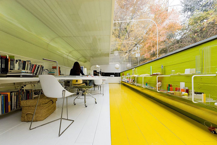 Colorful workplace office in the woods