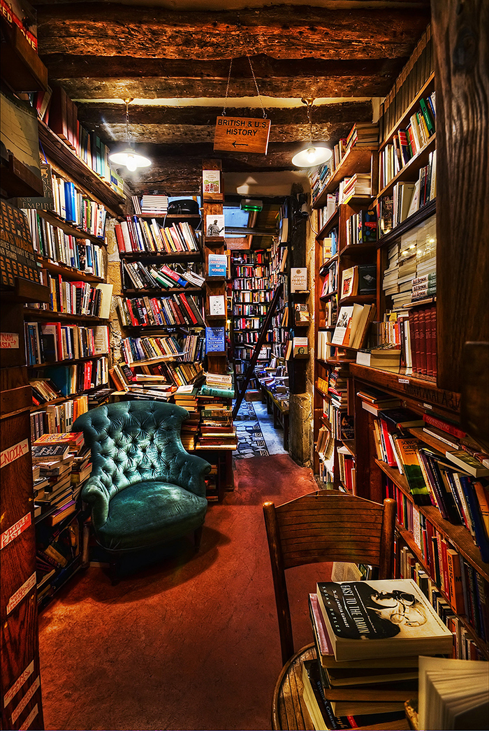 Inside Shakespeare and Company bookstore resting area
