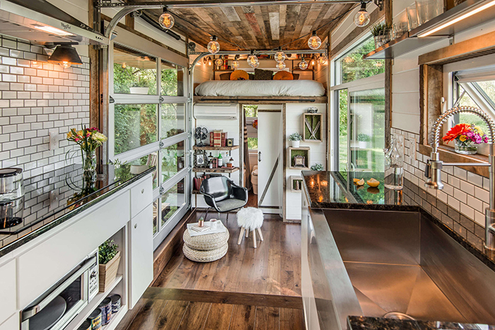 Charming cozy tiny house interior with vintage lights