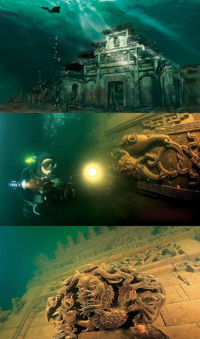 Diver in Qiandao Lake underwater city