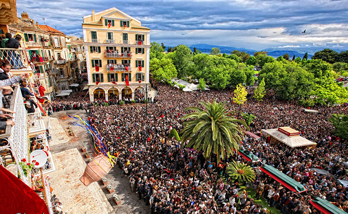 Easter Celebration on the streets in Corfu People throwing pots from balconies 