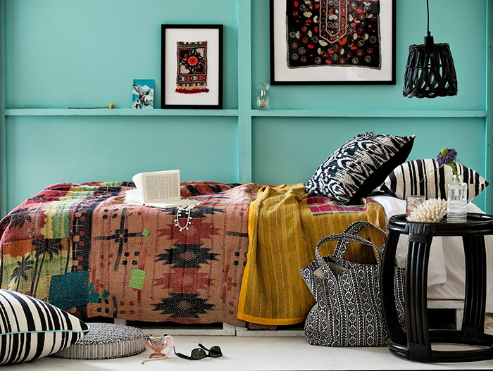 Tribal textile decor in bedroom