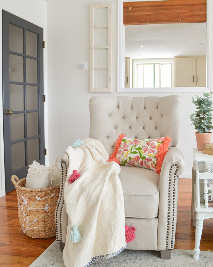 Floral Pillows on white armchair spring decor