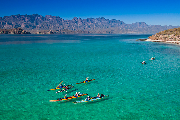 View from above people kayaking in Baja Peninsula, Mexico