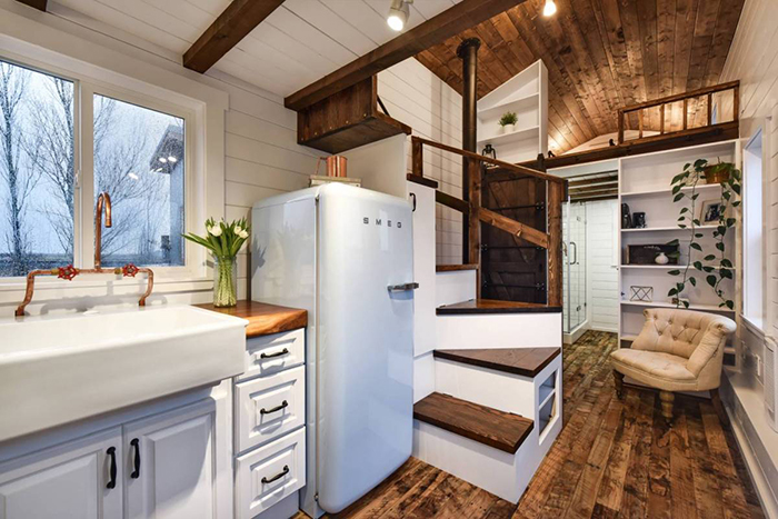 Cozy vintage interior in tiny house on wheels