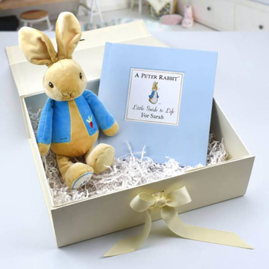 Plush rabbit and a book in a box