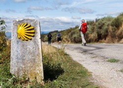 Pilgrims and a waymark showing the way