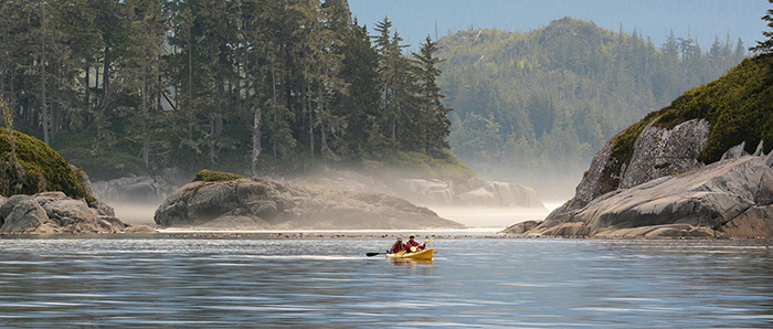 Couple kayaking in the waters of Vancouver Island, Canada