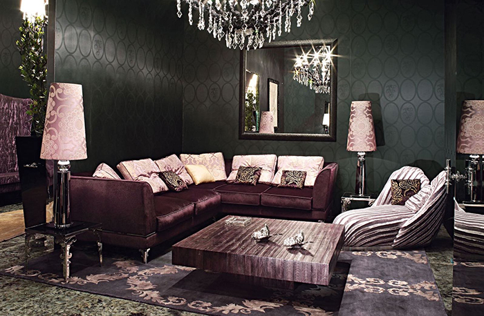 Luxury living room with velvet textiles 