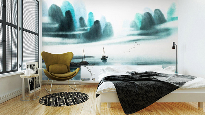 Large watercolors wall picture in a big bedroom