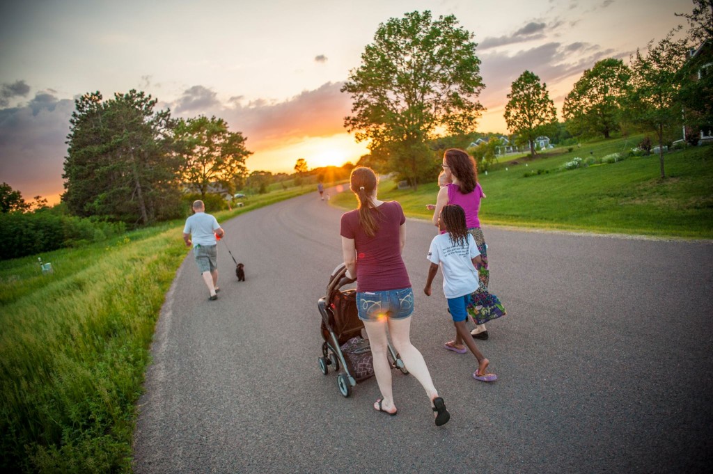 Family walking on a spring evening