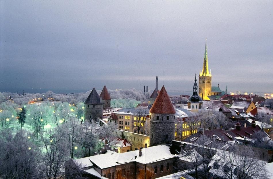 Tartu covered with snow and cozy Christmas lights around