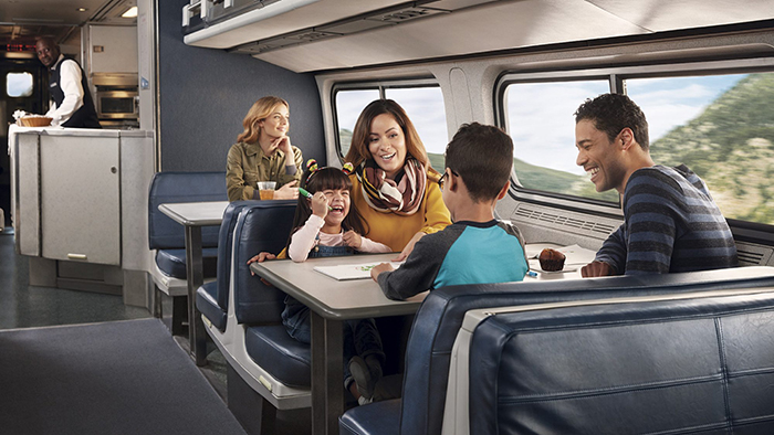 Family with two kids traveling by train