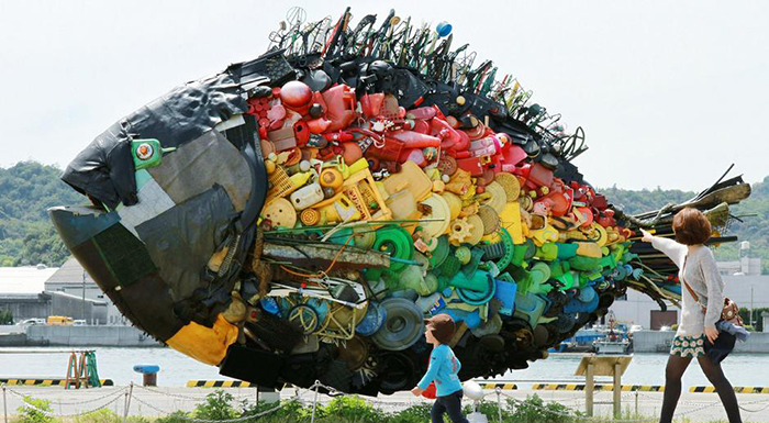 Fish sculpture filled with plastic