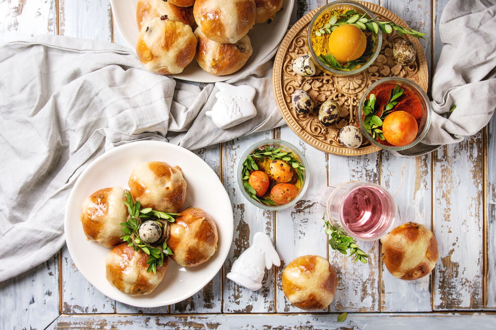 Easter pastry put on a table accompanied with Easter eggs